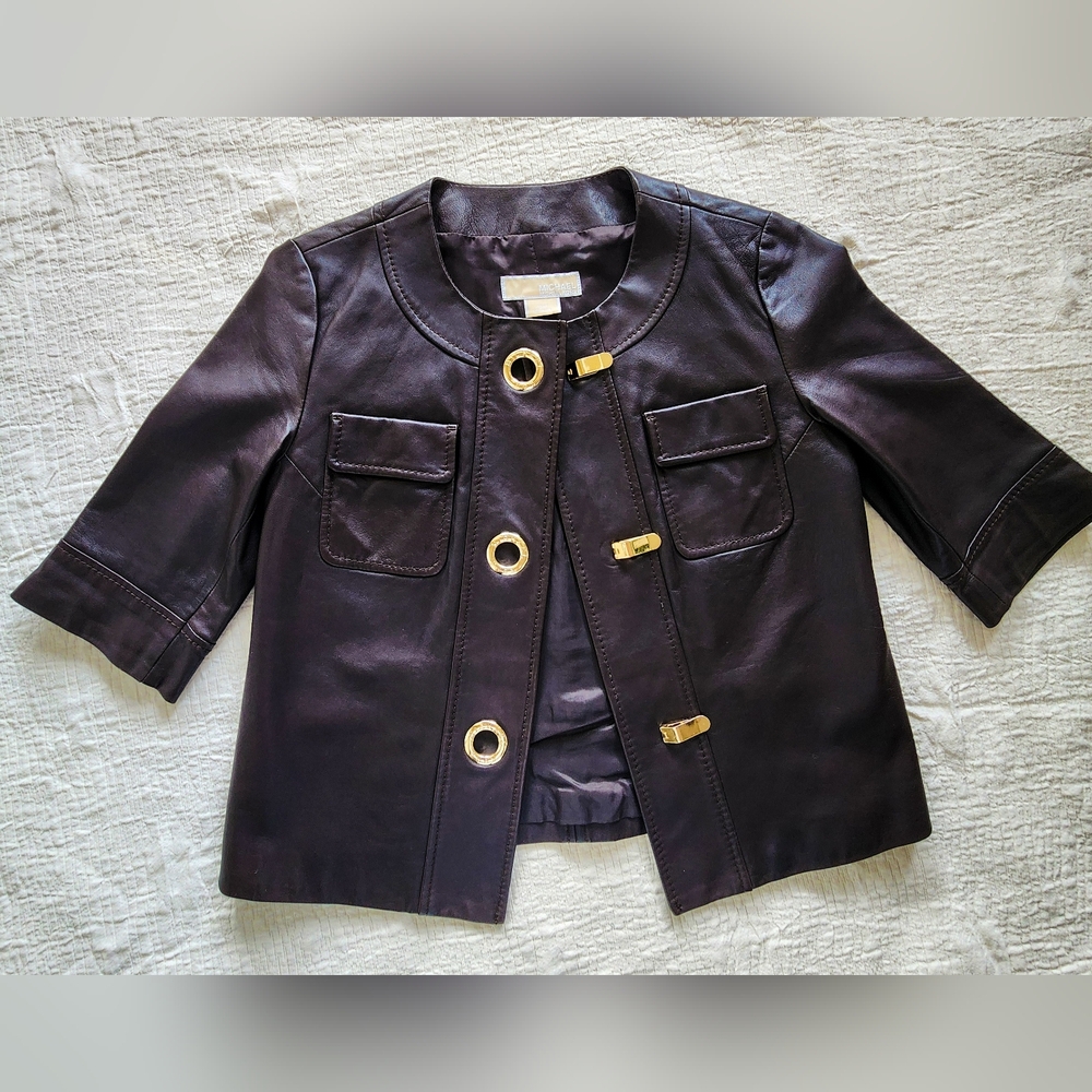 Michael Kors Chocolate Leather Jacket with Gold Hardware